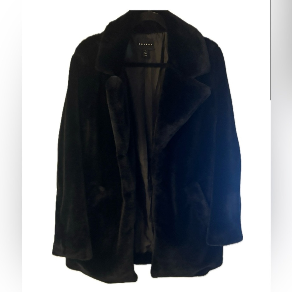 Tribal Black Faux Rabbit Fur Coat | Size Large | Elegant Mid-Thigh Length